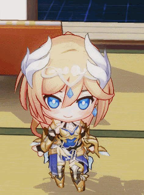 a cartoon character with horns and blue eyes is standing on a floor