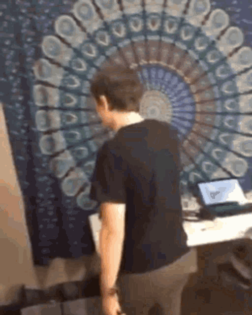 a man in a black shirt is standing in front of a wall tapestry and a laptop .
