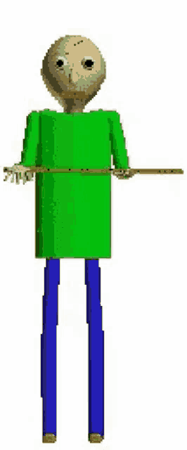 a pixel art of a man in a green shirt and blue pants is holding a stick .