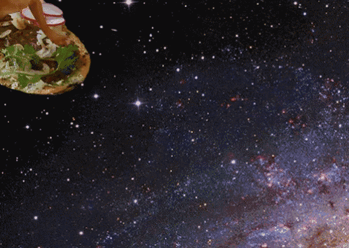 a dog is flying on top of a tortilla in space