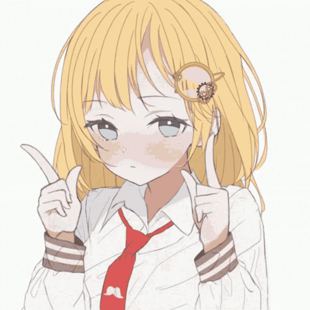 a girl with blonde hair and blue eyes is pointing at something