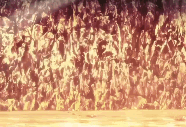 a large group of people are standing in front of a wall of fire .