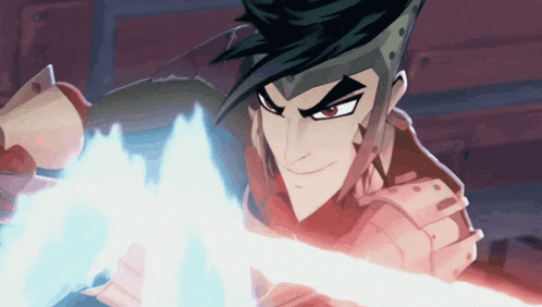a close up of a cartoon character with a sword in his hand