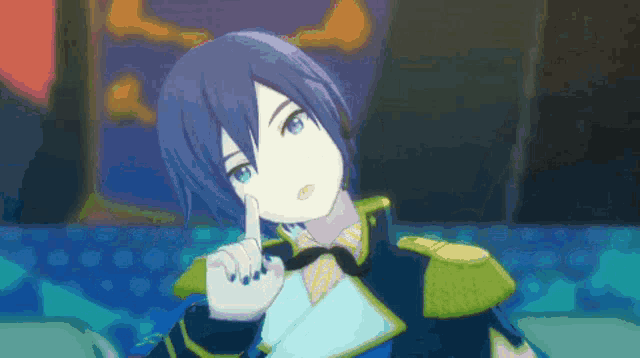 a cartoon character with blue hair and black nails is pointing up with his finger .