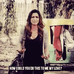 a woman standing in front of a rickshaw with the words how could you do this to me my love written below her