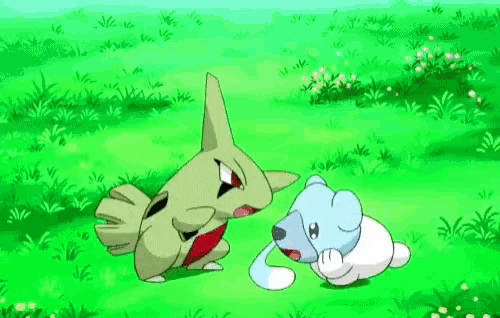 two cartoon animals are standing next to each other in a field .