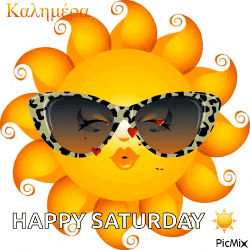 a cartoon sun wearing sunglasses with the words happy saturday written below it