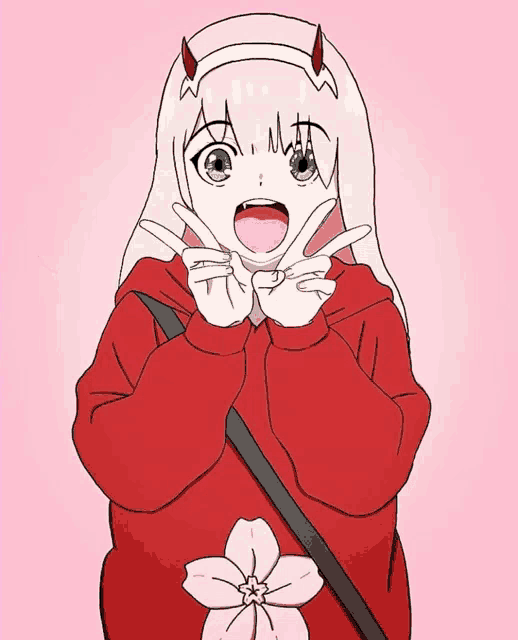zero two from darling in the franxx is wearing a red sweatshirt with a flower on it