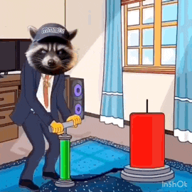 a cartoon of a raccoon in a suit pumping up a candle .