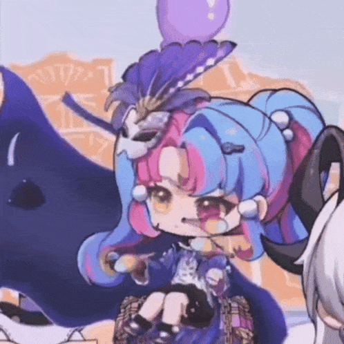 a cartoon character with blue hair and a purple balloon in her hair