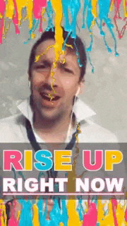 a man singing a song with the words rise up right now on it