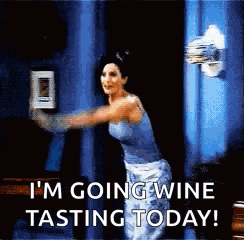 a woman is standing in a doorway with her arms outstretched and says `` i 'm going wine tasting today ''