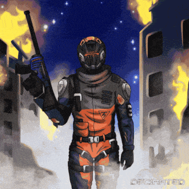 a cartoon drawing of a man holding a gun with the words decimated below him