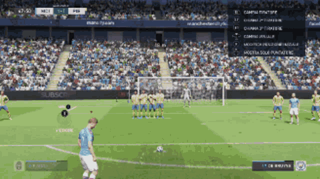 a soccer game is being played in a stadium sponsored by subscribers