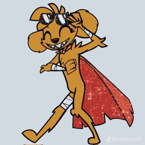 a drawing of a dog wearing sunglasses and a red cape