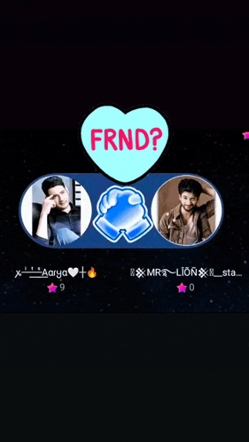 a heart that says frnd on it with three pictures of men