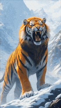 a tiger is standing in the snow with its mouth wide open