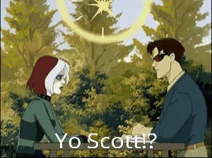 a man and a woman are standing next to each other with the words yo scott written on the bottom