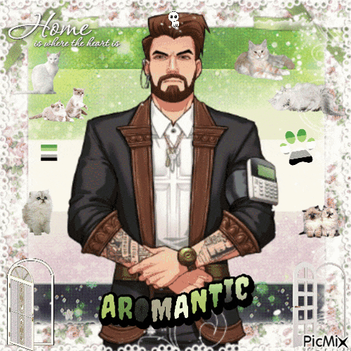 a man with a beard is surrounded by cats and says aromatic on the bottom