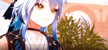 a girl with blue hair and yellow eyes is wearing a black jacket