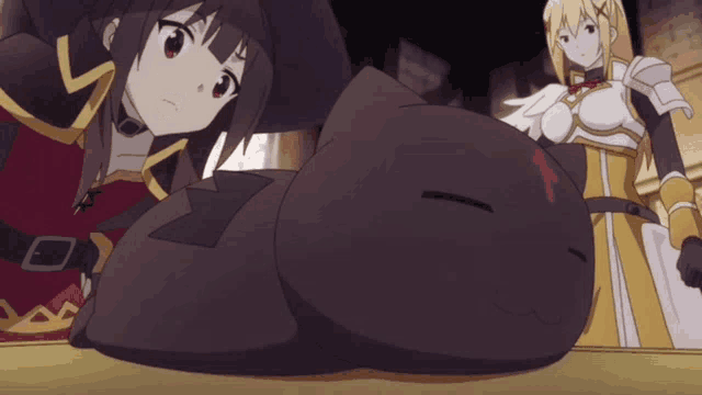 two anime characters looking at a black cat