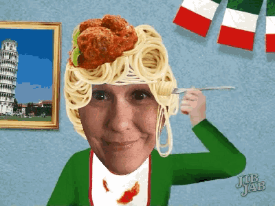 a woman with spaghetti and meatballs on her head is holding a fork in front of a picture of the leaning tower