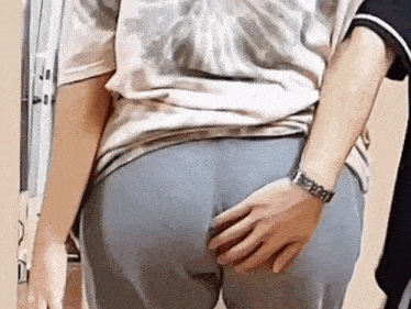 a man is touching a woman 's butt while wearing gray pants .