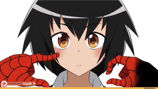 a drawing of a girl with a spider web on her hand and the words patreon max0 on the bottom