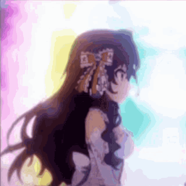 a girl with a bow in her hair is standing in front of a colorful background