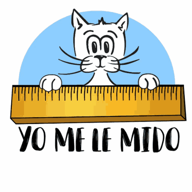 a cartoon cat is peeking over a ruler with yo me le mido written below it