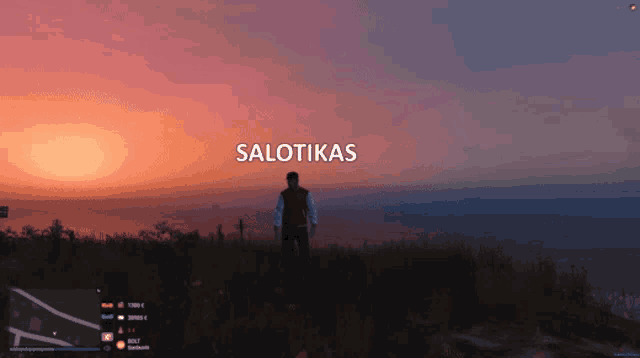 a video game screen shows a man standing in a field with the words " salotikas " above him