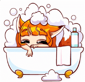 a cartoon of a fox taking a bath in a tub