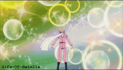 a woman in a pink suit is surrounded by bubbles and says gifs of hetalia