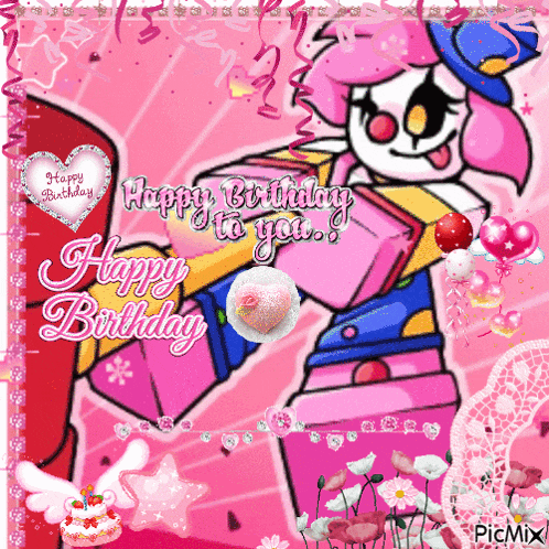 a pink birthday card with a clown and the words happy birthday
