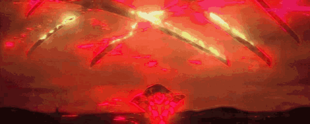 a red background with a lot of fire coming out of the sky