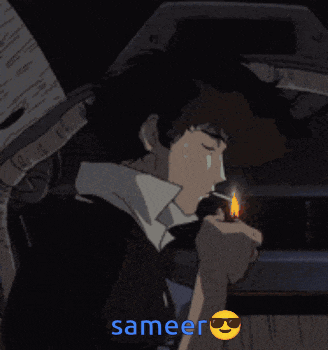 a cowboy bebop character smoking a cigarette and holding a gun with the word sameer below him