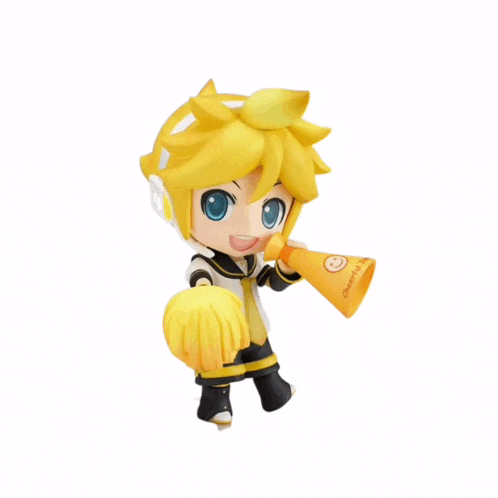 a figurine of a boy holding a megaphone that says " cheer up " on it
