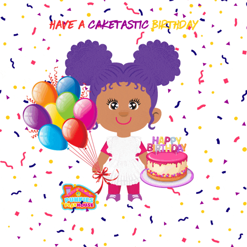 a girl with purple hair is holding balloons and a cake with the words have a caketastic birthday