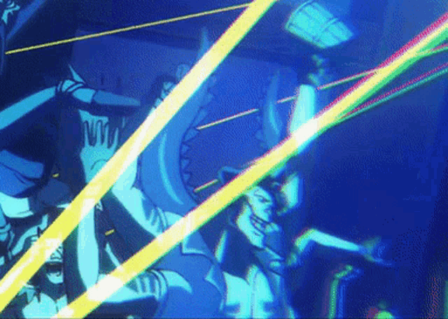 a group of people are dancing in a dark room with a lot of lights coming out of the ceiling .