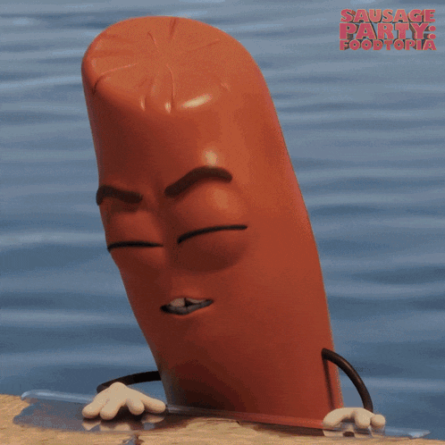 a sausage from the movie sausage party is smiling with its eyes closed