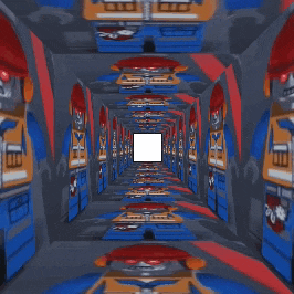a hallway filled with lego figures and a white square