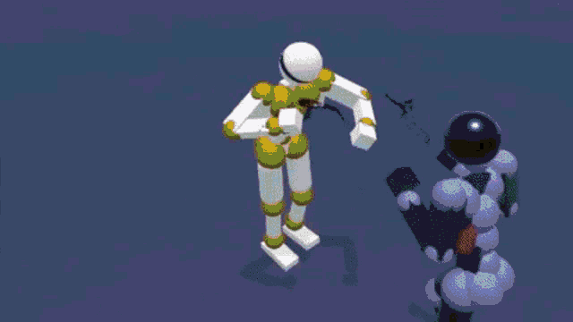 a pink and white robot is standing next to a green robot