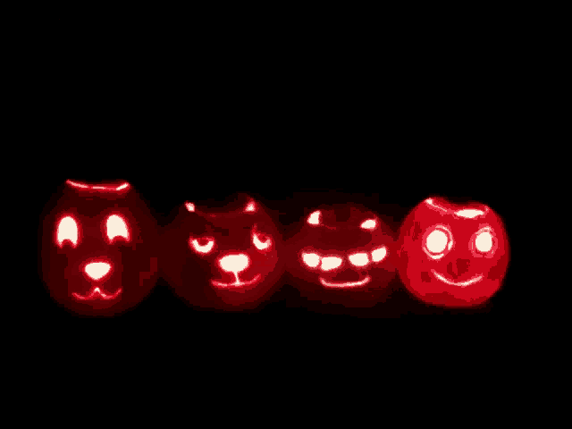 four pumpkins with faces carved into them are lit up in a row