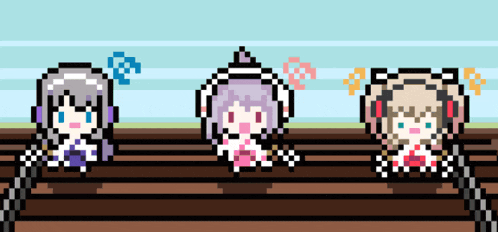 three pixel art characters are sitting on a wooden bench