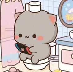 a cartoon cat is sitting on a toilet with a roll of toilet paper on its head .