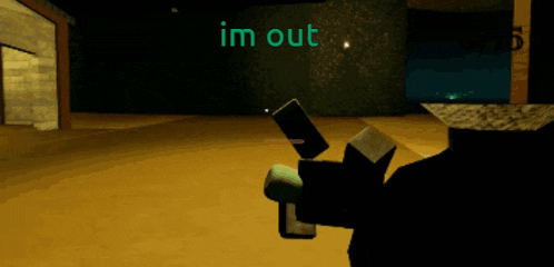 a person holding a gun with the words im out written on the wall behind them
