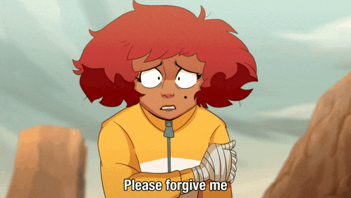a cartoon of a girl with red hair asking for forgiveness