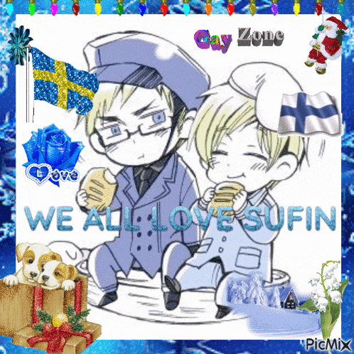 a picture of two cartoon characters with the words we all love sufin on it