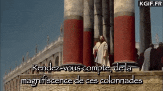 a man standing on top of a building with the words rendez-vous compte de la magnificence de ces colonades on the bottom