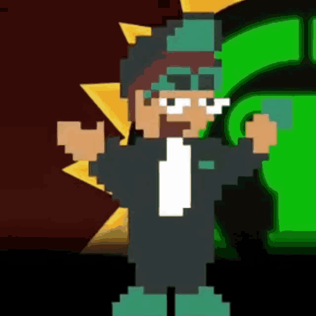 a pixel art of a man in a suit and goggles standing in front of a green background .